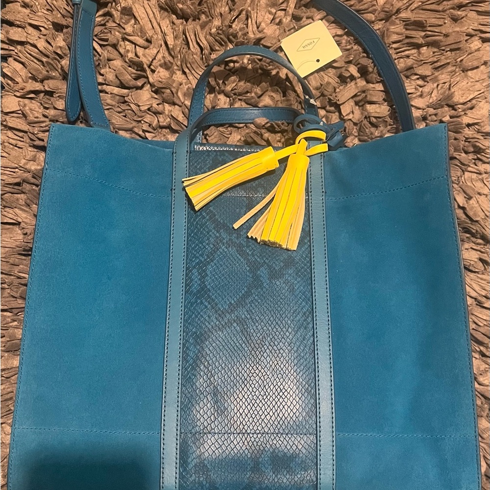 FOSSIL CARMEN LEATHER SHOPPER TOTE - LAGOON (NEW) - Picture 6 of 6